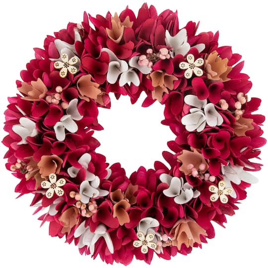 13&#x22; Fuchsia Pink &#x26; White Wooden Floral Wreath with Berries